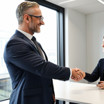 **

A confident consultant shaking hands with a client in a modern office setting. The consultant is dressed professionally, exuding trust and competence. The background shows a bright, open workspace with people collaborating. Focus on conveying a sense of partnership and successful consulting.

**