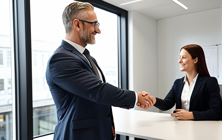 **
A confident consultant shaking hands with a client in a modern office setting. The consultant is dressed professionally, exuding trust and competence. The background shows a bright, open workspace with people collaborating. Focus on conveying a sense of partnership and successful consulting.
**