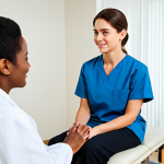 A professional medical trainee in a clean, modest clinical uniform, fully clothed, appropriate attire, engaging in a respectful conversation with an adult patient in a brightly lit, modern rehabilitation center. The trainee has an open posture and is actively listening, conveying empathy and professionalism. The patient is comfortably seated, looking engaged. Professional studio lighting, high-resolution, sharp focus, perfect anatomy, correct proportions, well-formed hands, proper finger count, natural body proportions, safe for work, appropriate content, fully clothed, professional, family-friendly.