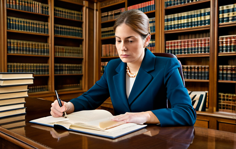 Legal Professional in Disability Law**

"A professional female lawyer in a modest business suit, sitting at a large oak desk in a well-lit law office, reviewing legal documents related to disability rights, fully clothed, appropriate attire, safe for work, perfect anatomy, natural proportions, professional photography, high quality, serious and focused expression. Bookshelves filled with legal texts line the walls in the background. Family-friendly."

**