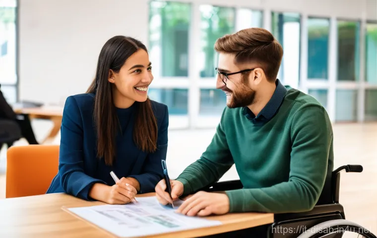 장애인재활상담사와 장애인 자립 사례 - **Prompt: Empowering Future Plans with a Consultant**
    A brightly lit and inviting modern Italian...