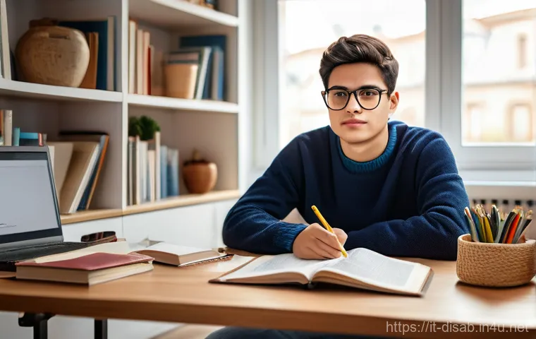 장애인재활상담사 자격증 독학 가능성 - A focused young adult, with a determined yet warm expression, is deeply engaged in self-study at a w...