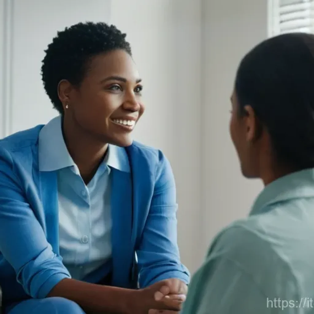장애인재활상담사 자기계발 - **Prompt:** A warm and inviting scene depicting a female rehabilitation consultant, appearing compas...