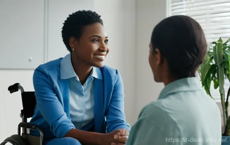장애인재활상담사 자기계발 - **Prompt:** A warm and inviting scene depicting a female rehabilitation consultant, appearing compas...