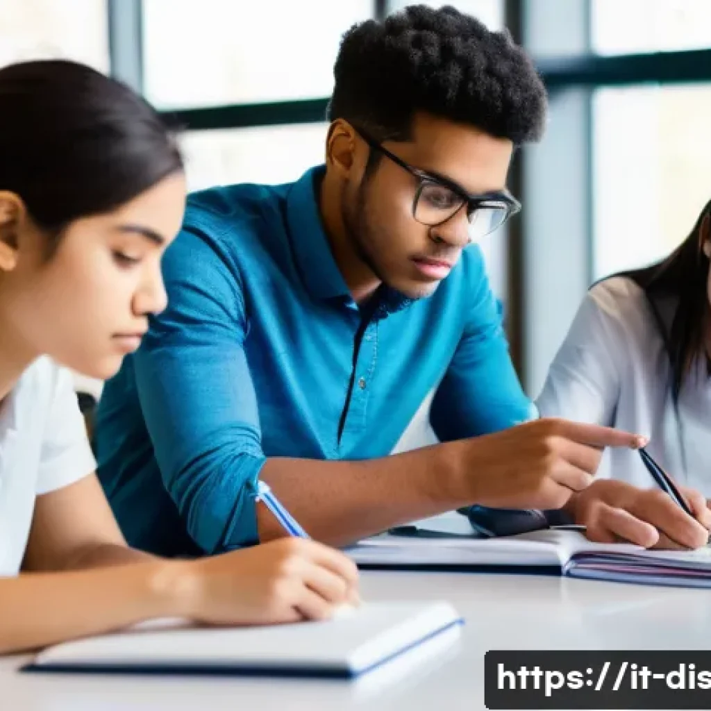 장애인재활상담사 과목별 학습법 - **Prompt:** A diverse group of three university students, two females and one male, intently studyin...