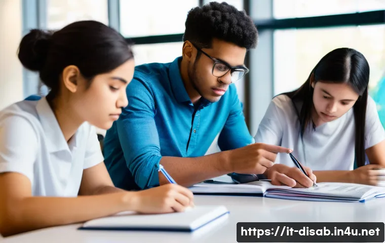 장애인재활상담사 과목별 학습법 - **Prompt:** A diverse group of three university students, two females and one male, intently studyin...