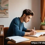 Home 22 장애인재활상담사 자격시험 준비 팁 공유 - A focused young adult studying at a tidy desk in a cozy Italian-style apartment, surrounded by detai...