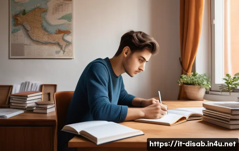 장애인재활상담사 자격시험 준비 팁 공유 - A focused young adult studying at a tidy desk in a cozy Italian-style apartment, surrounded by detai...