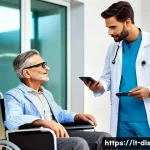 Home 21 장애인재활상담사 관련 대학원 - A compassionate rehabilitation consultant in a modern Italian hospital setting, wearing professional...