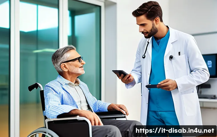 장애인재활상담사 관련 대학원 - A compassionate rehabilitation consultant in a modern Italian hospital setting, wearing professional...