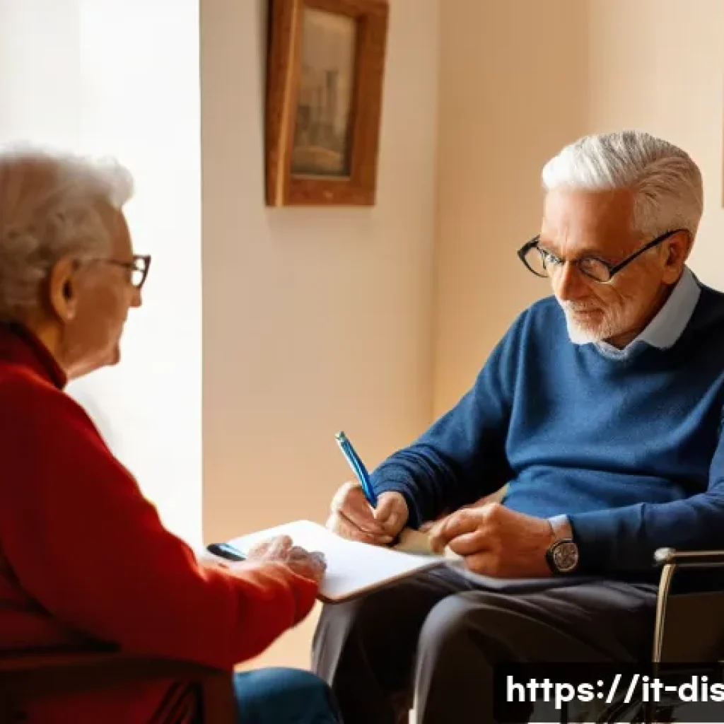 장애인재활상담사와 재활 심리학 - A compassionate rehabilitation consultant attentively listening to an elderly Italian man with a phy...