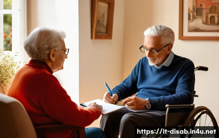 장애인재활상담사와 재활 심리학 - A compassionate rehabilitation consultant attentively listening to an elderly Italian man with a phy...
