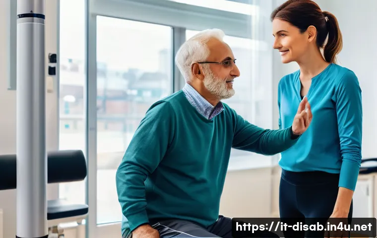 장애인재활상담사 성공 사례 - A compassionate rehabilitation consultant engaging with a middle-aged Italian patient in a bright, m...