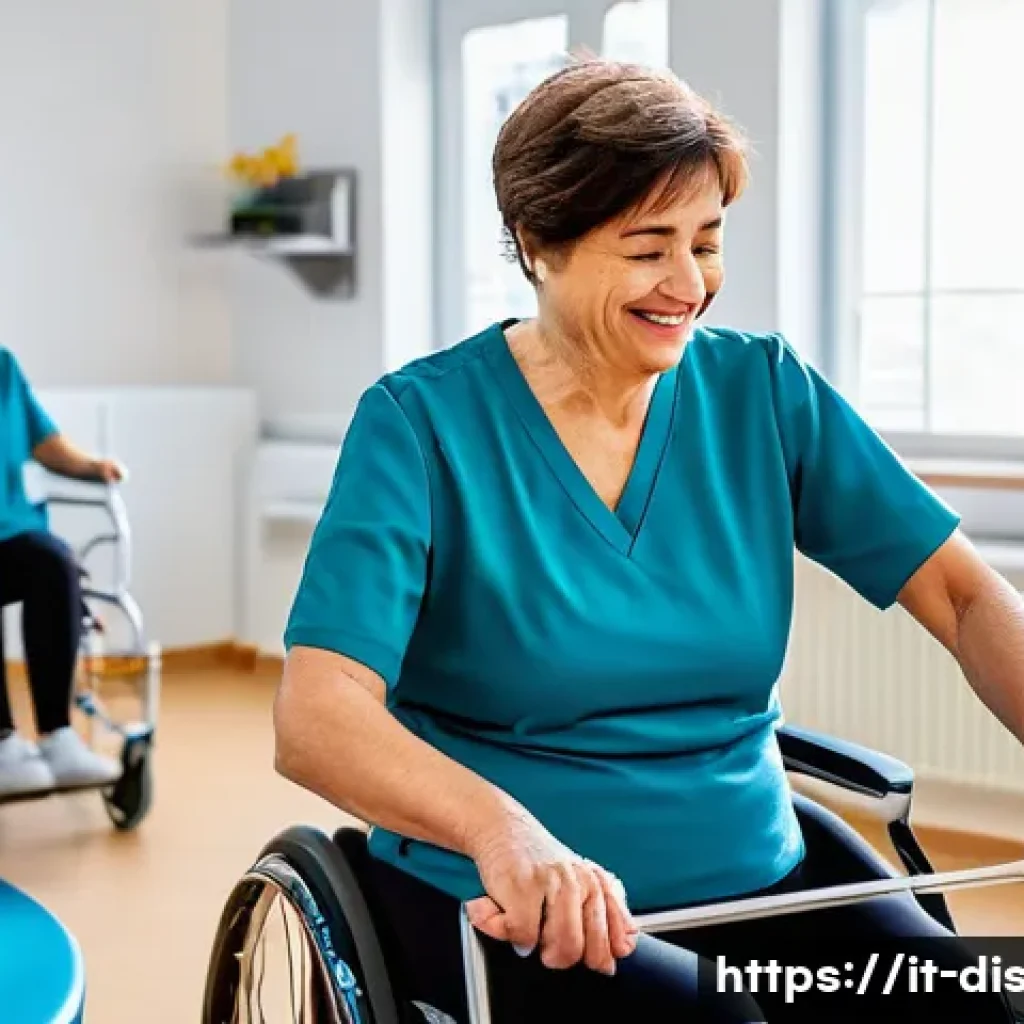 장애인재활상담사와 재활 훈련 기법 - A warm and professional rehabilitation session in a modern Italian clinic, featuring a diverse group...