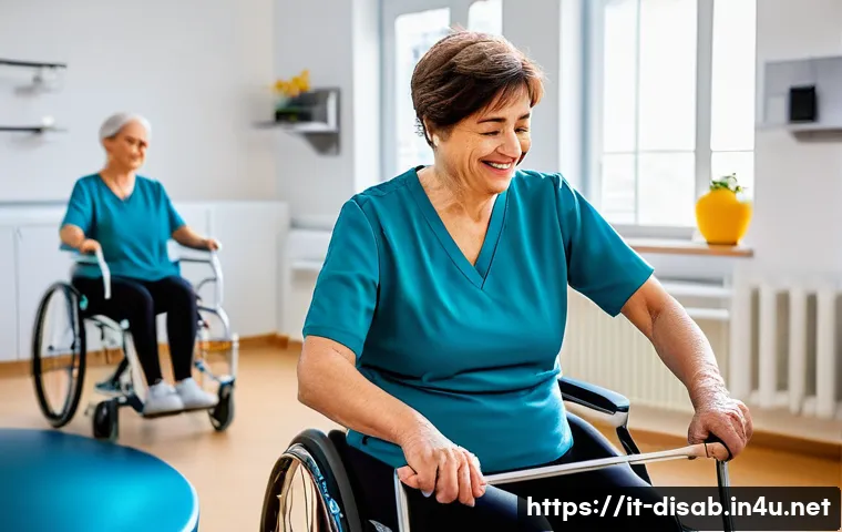 장애인재활상담사와 재활 훈련 기법 - A warm and professional rehabilitation session in a modern Italian clinic, featuring a diverse group...