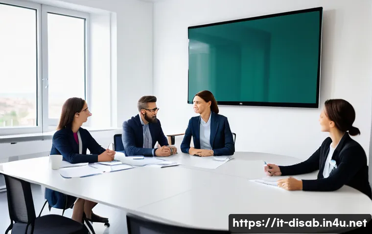 장애인재활상담사와 사례회의 - A multidisciplinary rehabilitation team meeting in a modern Italian healthcare facility, showing div...