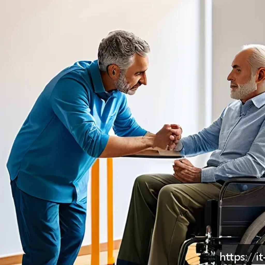 장애인재활상담사와 신체 장애 지원 - A compassionate rehabilitation professional conducting a detailed assessment of a middle-aged Italia...