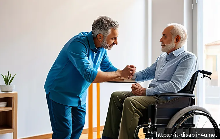장애인재활상담사와 신체 장애 지원 - A compassionate rehabilitation professional conducting a detailed assessment of a middle-aged Italia...