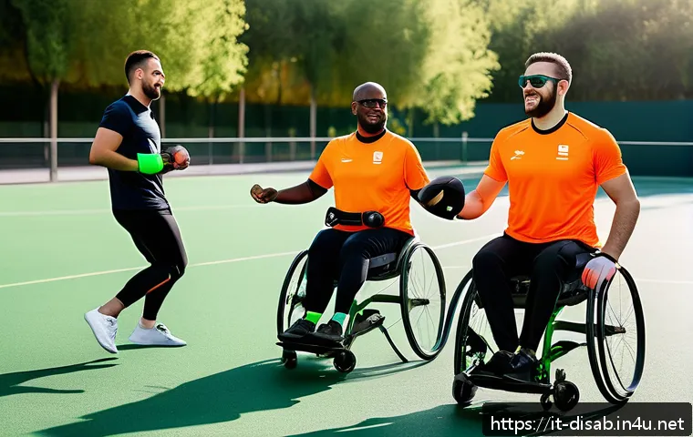 장애인재활상담사와 장애인 스포츠 - A dynamic scene of a diverse group of athletes with various disabilities engaged in an adaptive spor...