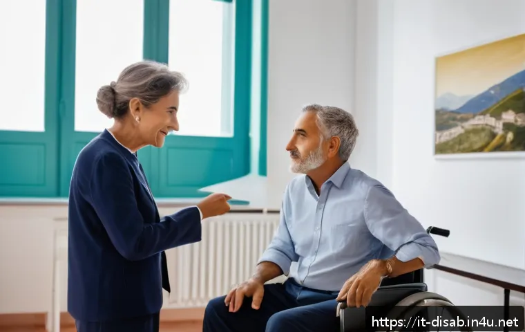 장애인재활상담사 취업 면접 질문 - A warm and professional rehabilitation counselor attentively listening to a middle-aged Italian man ...