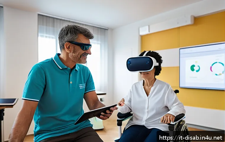 장애인재활상담사와 지역 복지 활성화 - A modern rehabilitation center in Lombardy, Italy, showcasing advanced technological support for peo...