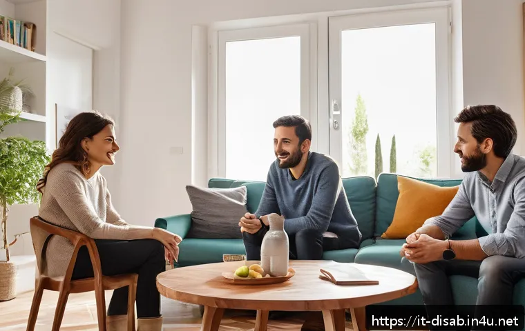 장애인재활상담사와 가족 상담 - A warm and inviting family therapy session in a modern Italian living room, featuring a diverse fami...