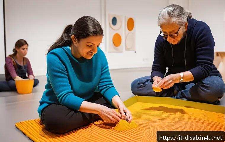 장애인재활상담사와 장애인 예술 활동 - A vibrant inclusive art workshop set in a modern Italian cultural center, featuring a diverse group ...