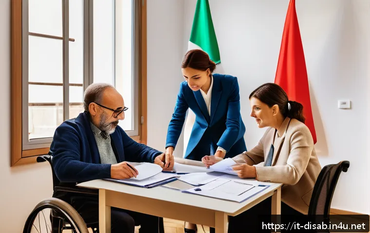 장애인재활상담사와 장애인 지원 제도 - A compassionate professional consultant assisting an Italian family with a person with disability, s...