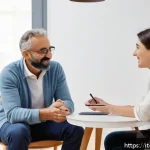Home 20 장애인재활상담사 상담 피드백 방법 - A professional rehabilitation therapist engaging in a supportive dialogue with an adult Italian clie...