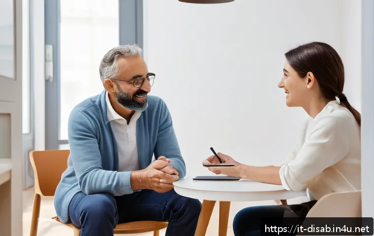 장애인재활상담사 상담 피드백 방법 - A professional rehabilitation therapist engaging in a supportive dialogue with an adult Italian clie...
