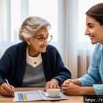 Home 19 장애인재활상담사 주요 업무 - A compassionate rehabilitation consultant attentively listening to an elderly Italian woman and her ...