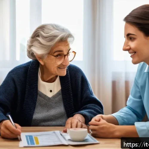 Home 31 장애인재활상담사 주요 업무 - A compassionate rehabilitation consultant attentively listening to an elderly Italian woman and her ...