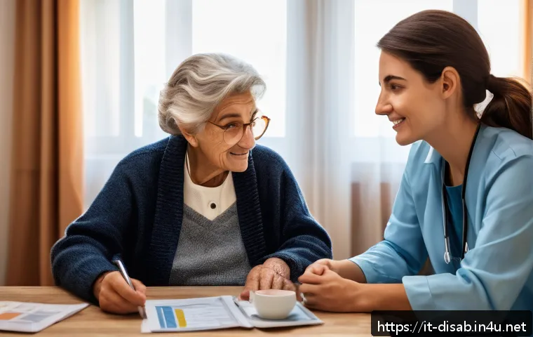 장애인재활상담사 주요 업무 - A compassionate rehabilitation consultant attentively listening to an elderly Italian woman and her ...