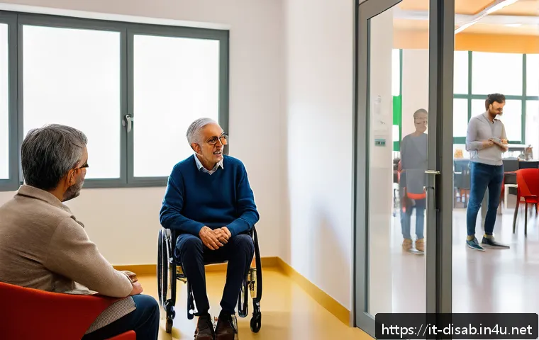 장애인재활상담사와 커뮤니티 연계 - A warm, empathetic interaction between a professional consultant and a person with a visible physica...